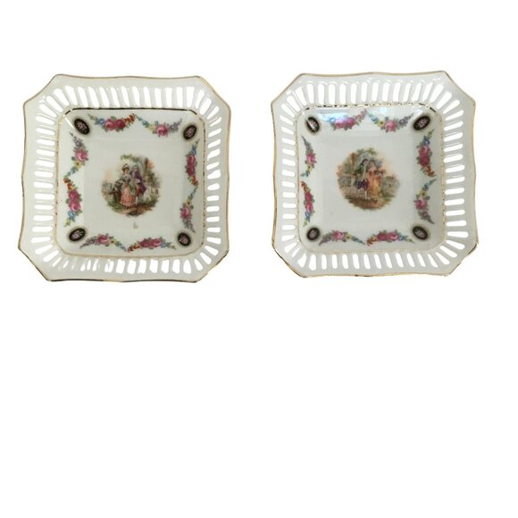 VTG (2) German Porcelain Reticulated Lattice Trinket Dish Romantic Scene Floral - Picture 11 of 12